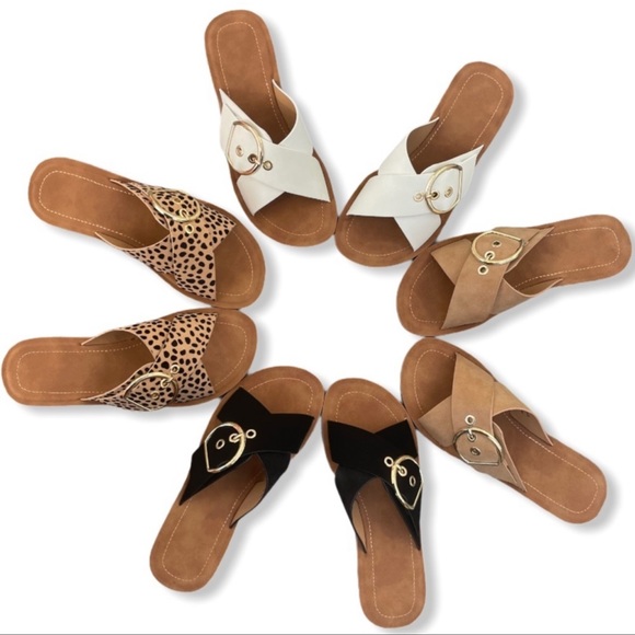 Off white adjustable gold accent buckle criss cross sandals - Picture 3 of 5